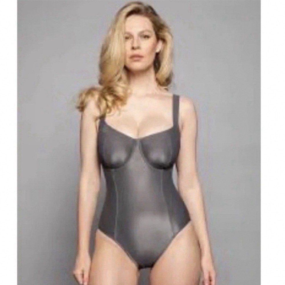 TA3 Hi Cut Lifty Swimsuit Pewter Metallic Lace Up One Piece D/DD Large RL